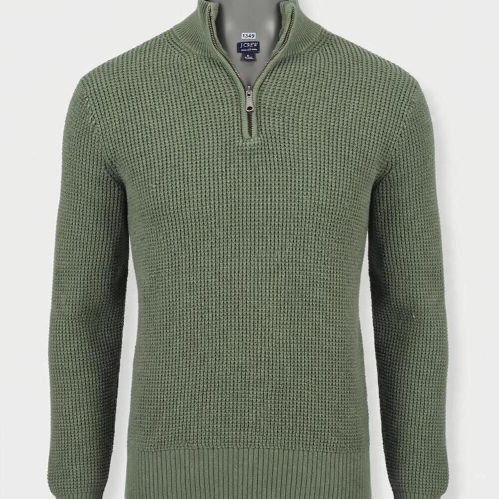 J.Crew Waffle Knit Quarter Zip Sweater Mens L Sage Green 100% Cotton Mock Neck